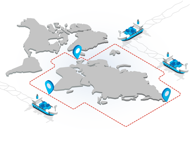 3D map of world with ships and location markers indicating maritime routes and ports.