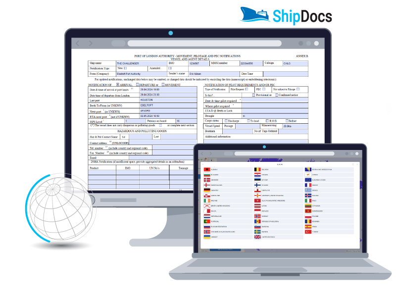 Computer screens with a port clearance form generated and auto-filled by the port docs management module.