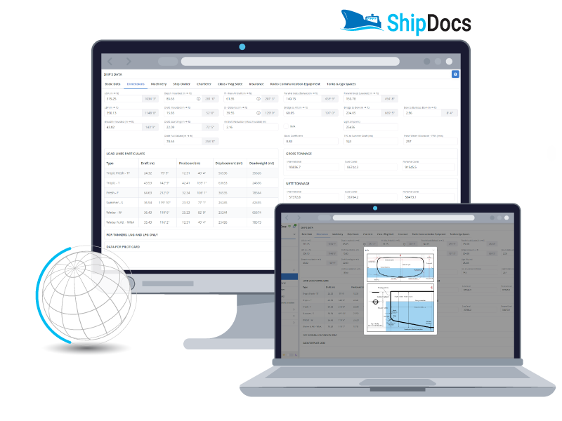 Computer screens of ShipDocs with ship dimensions and a hint of Depth Moulded measurement.