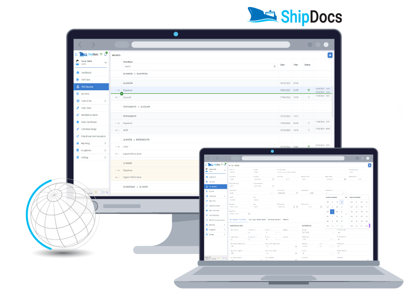 Computer's screens with list of operational reports and EOSP report details of ShipDocs ship software.