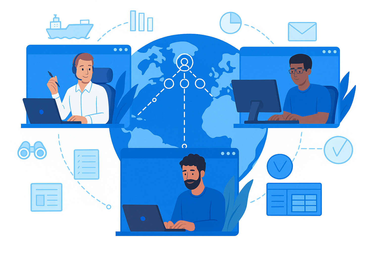 Men collaborating remotely via computers, with global network and maritime icons – illustration for ShipDocs Partners